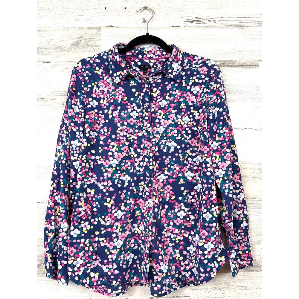 Talbots Womens M Multi Floral Dot Print Cotton Button Up Lightweight Shirt
